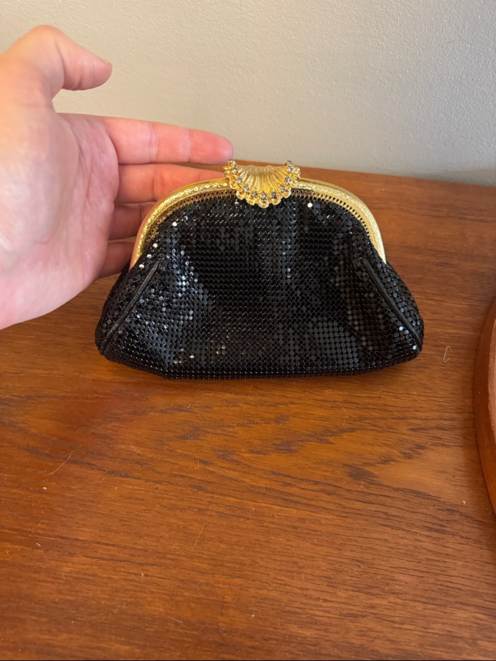Black metal mesh Evening Clutch with Gold Frame